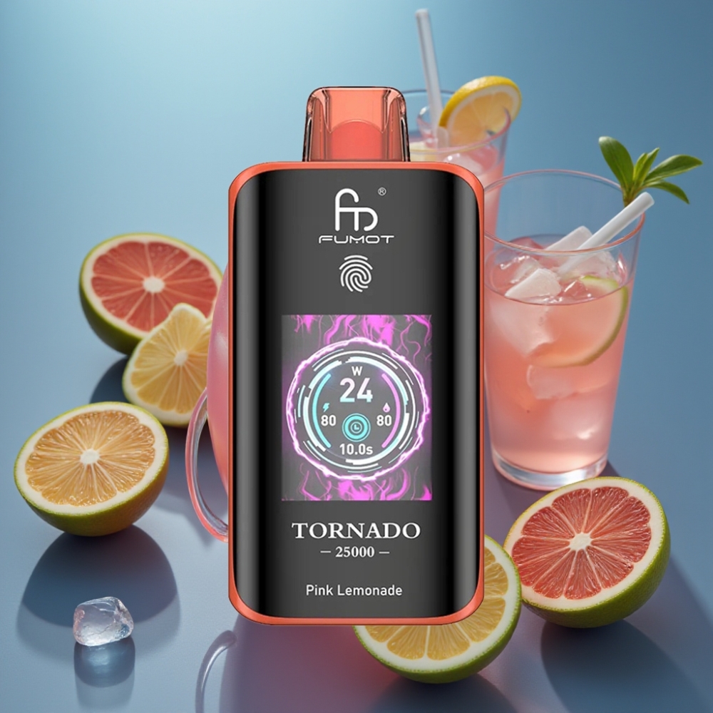 Fumot Tornado 25000 نفخة شاشة HD بطارية 700mAh بنكهة الليمون الوردي
