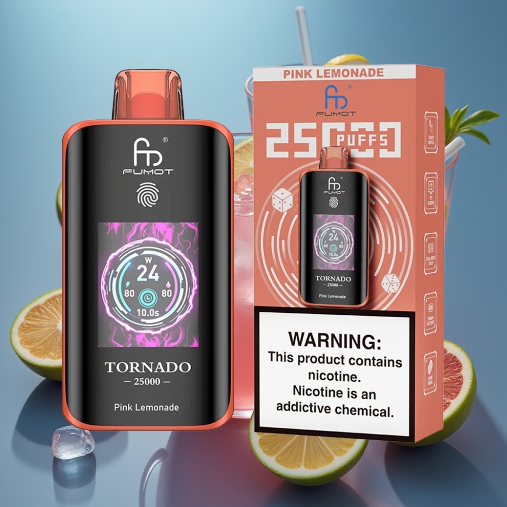 Fumot Tornado 25000 نفخة شاشة HD بطارية 700mAh بنكهة الليمون الوردي