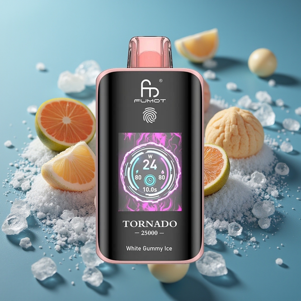 Fumot Tornado 25000 نَفَثات شاشة HD بطارية 700mAh نكهة الجومي الأبيض المثلج
