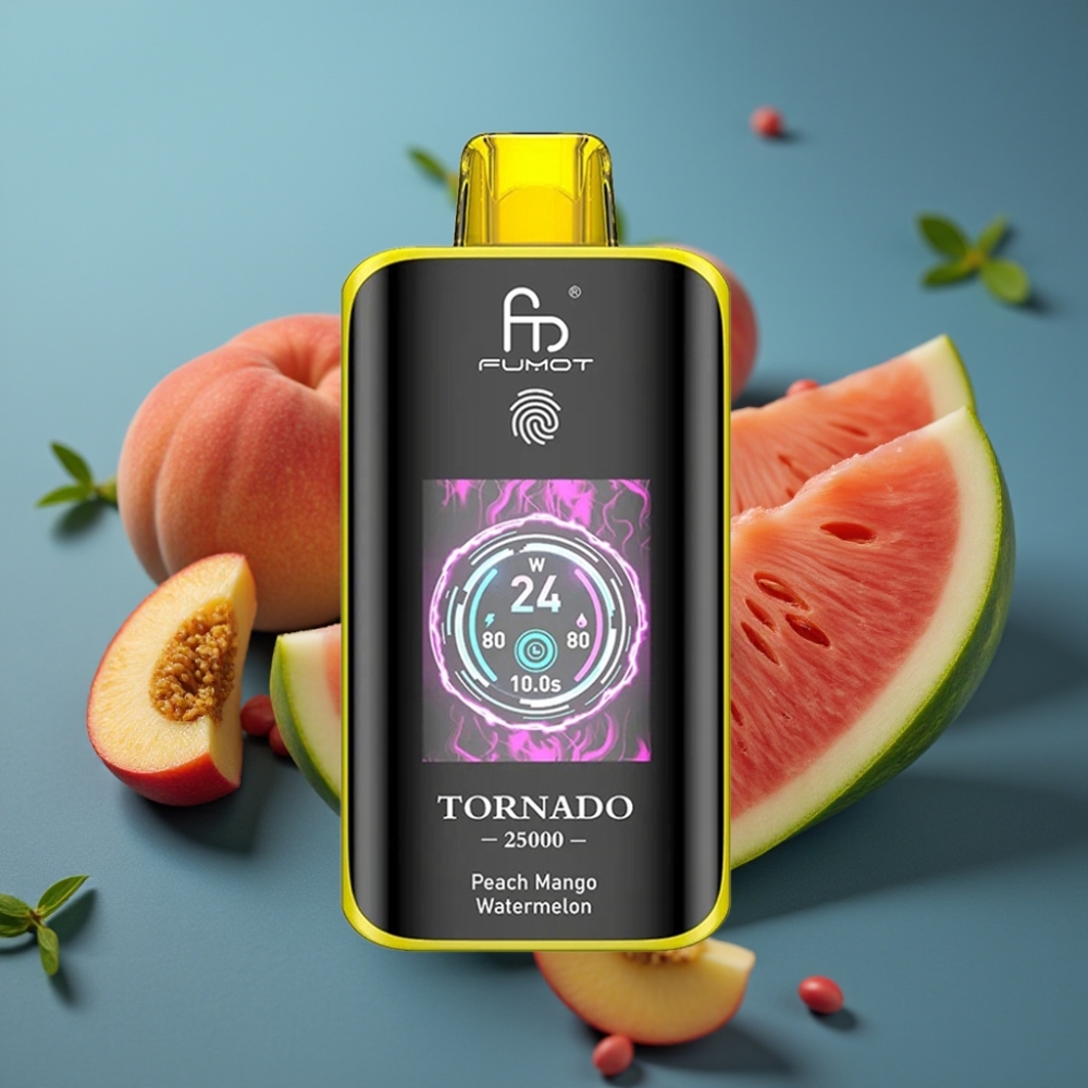 Fumot Tornado 25000 Puffs شيشة إلكترونية بطعم خوخ مانجو بطيخ - شاشة HD - 700mAh