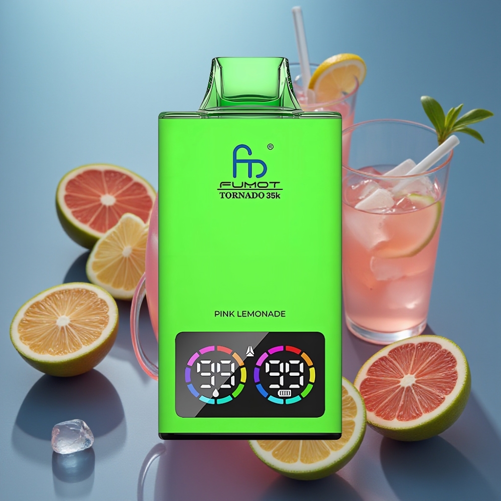 Fumot Tornado 35000 فو disposable vape بنكهة الليمون الوردي مع Dual Mesh Coil و RGB متغير