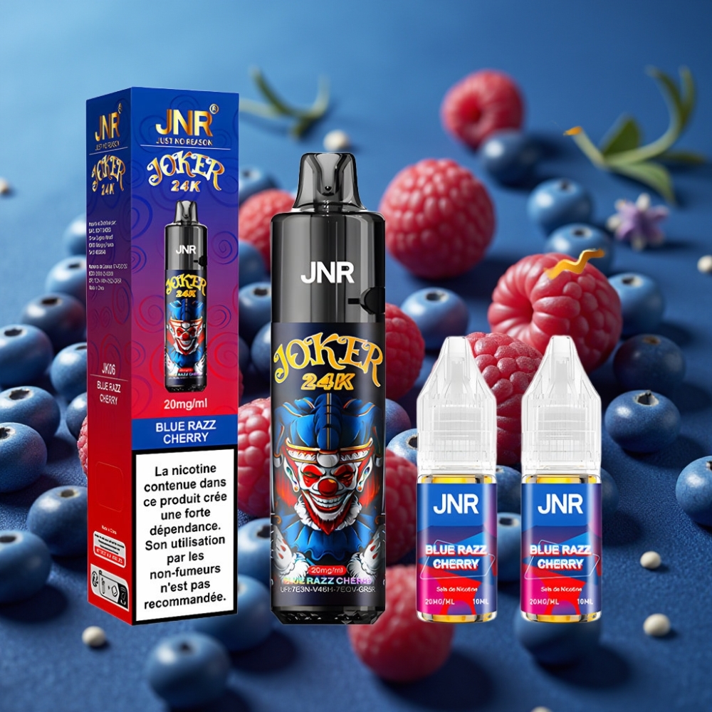 JNR Joker 24K Puffs جهاز تبخير معبأ مسبقًا بنكهة التوت الأزرق والكرز، 2+10مل، 800مللي أمبير