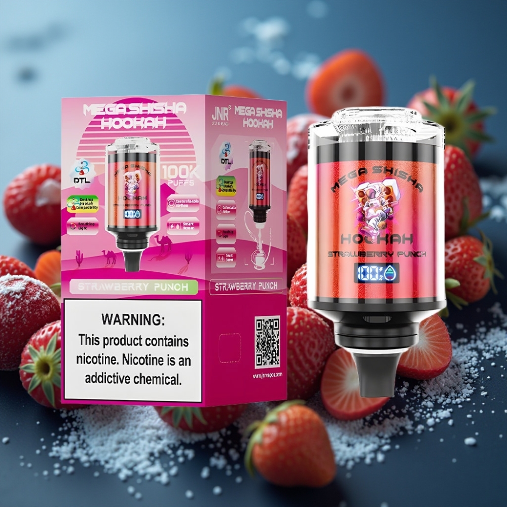 JNR Mega Shisha Hookah 100K شريحة ذكية بطارية 2200 مللي أمبير بنكهة الفراولة بنش