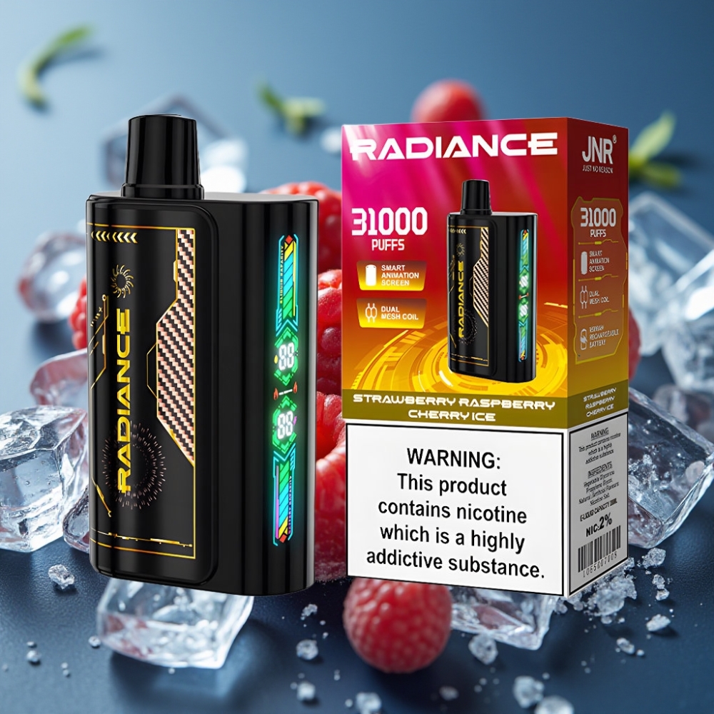 JNR Radiance 31000 Puffs Strawberry Raspberry Cherry Ice Disposable Vape - شاشة ذكية، بطارية قابلة لإعادة الشحن