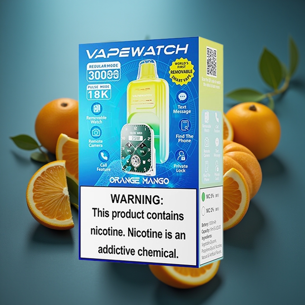 JNR VapeWatch 30000 Puffs برتقال مانجو - 19mL سعة، 5% نيكوتين، شحن Type-C