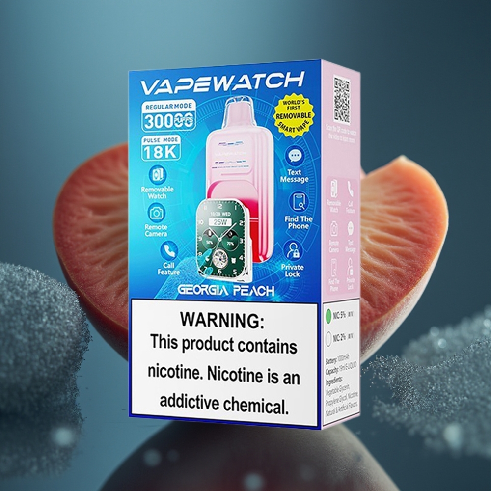 JNR VapeWatch 30000 Puffs بخوخ جورجيا - 19mL، 5% نيكوتين، شحن Type-C