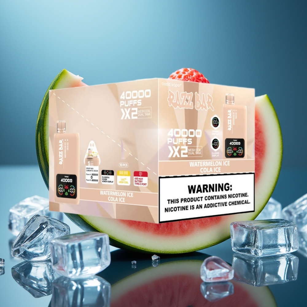 Razz Bar 40000 نفث شيشة إلكترونية بطعم البطيخ المثلج والكولا المثلج - شاشة عرض، 650 مAh