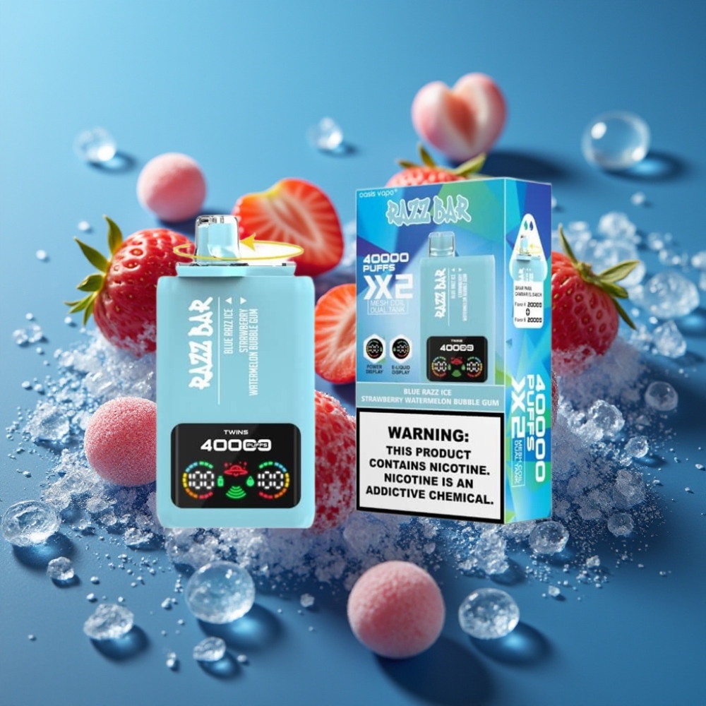 Razz Bar 40000 نَفخة - توت أزرق مثلج - بطيخ فراولة - علكة فقاعية شاشة عرض - ملف مزدوج ١.٠Ω