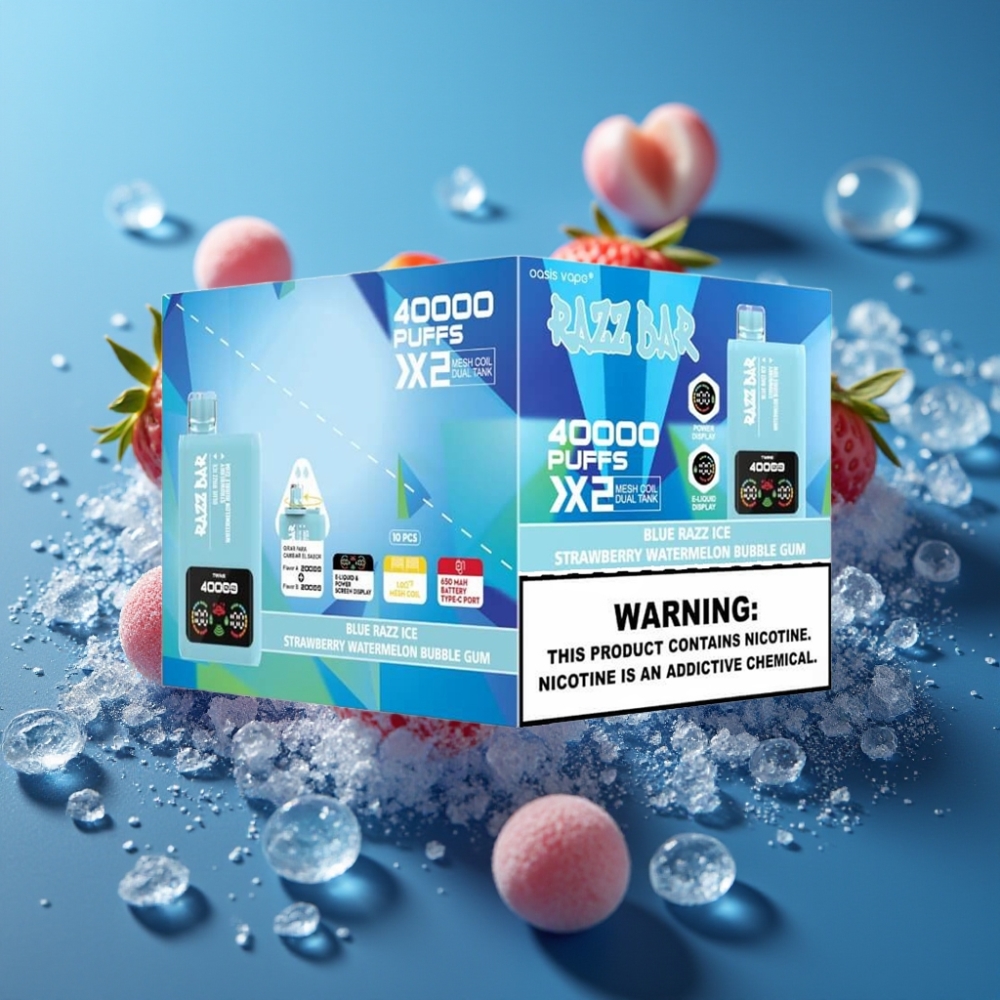 Razz Bar 40000 نَفخة - توت أزرق مثلج - بطيخ فراولة - علكة فقاعية شاشة عرض - ملف مزدوج ١.٠Ω