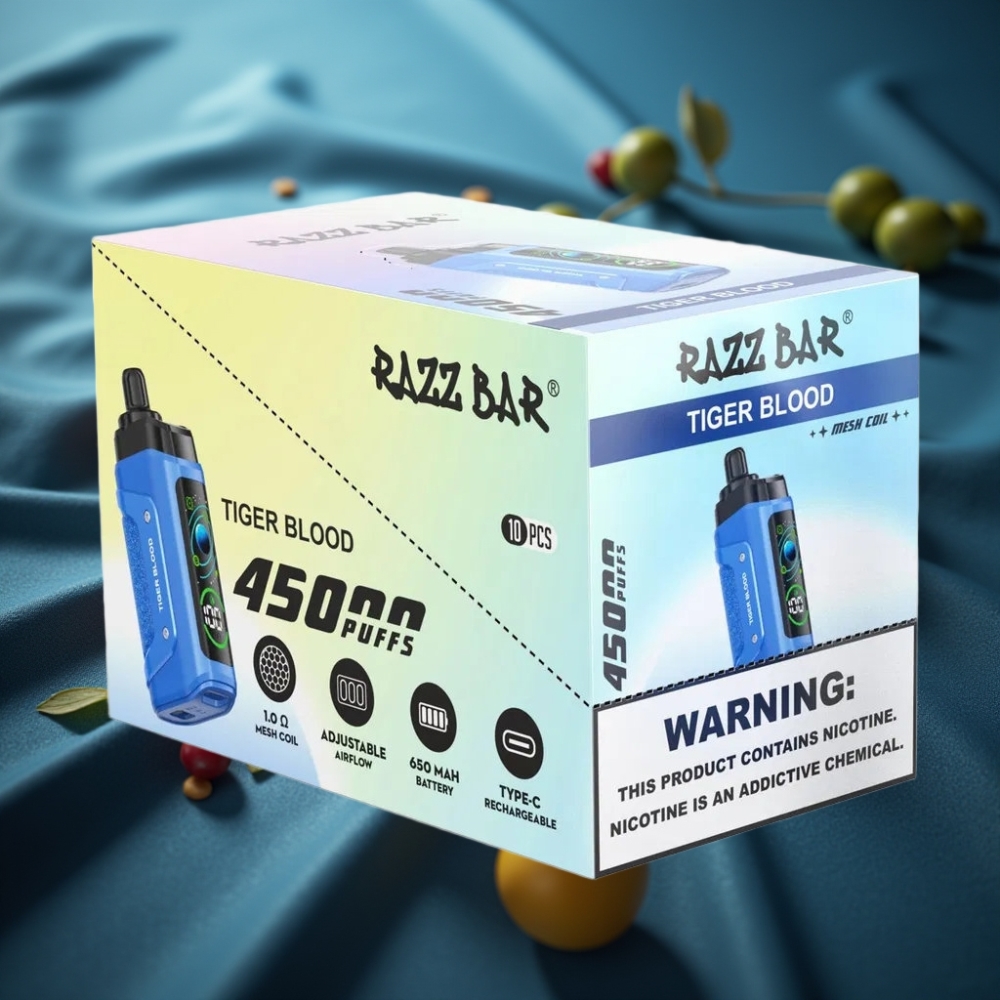 Razz Bar 45000 نفخة شيشة إلكترونية نكهة دم النمر مع ملف شبكي 1.0 أوم وبطارية قابلة للشحن