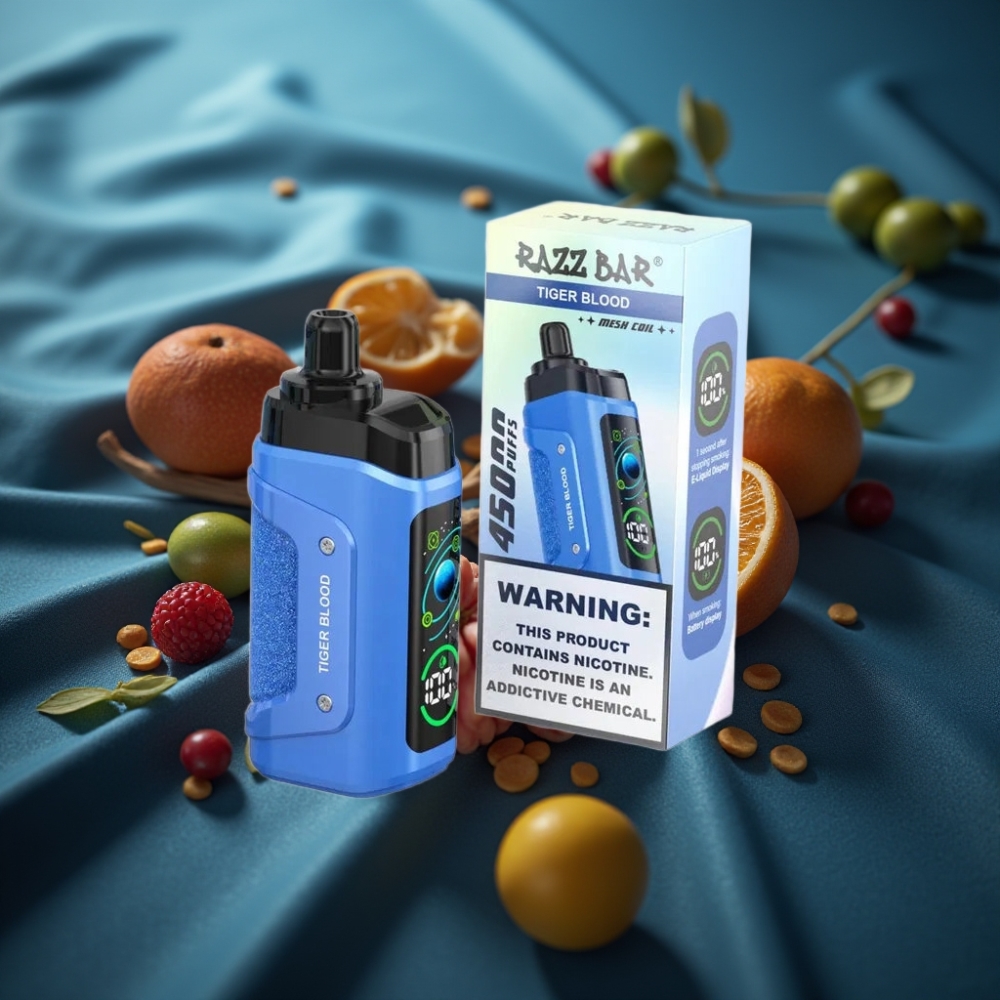 Razz Bar 45000 نفخة شيشة إلكترونية نكهة دم النمر مع ملف شبكي 1.0 أوم وبطارية قابلة للشحن