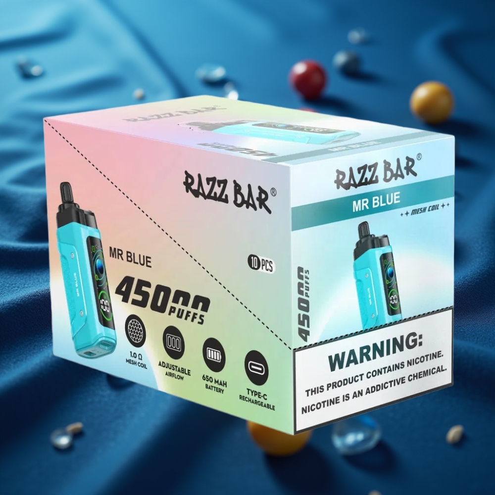 Razz Bar 45000 نفخة – السيد أزرق – سيجارة إلكترونية ذات استخدام لمرة واحدة مع ملف شبكي 1.0 أوم وبطارية قابلة لإعادة الشحن