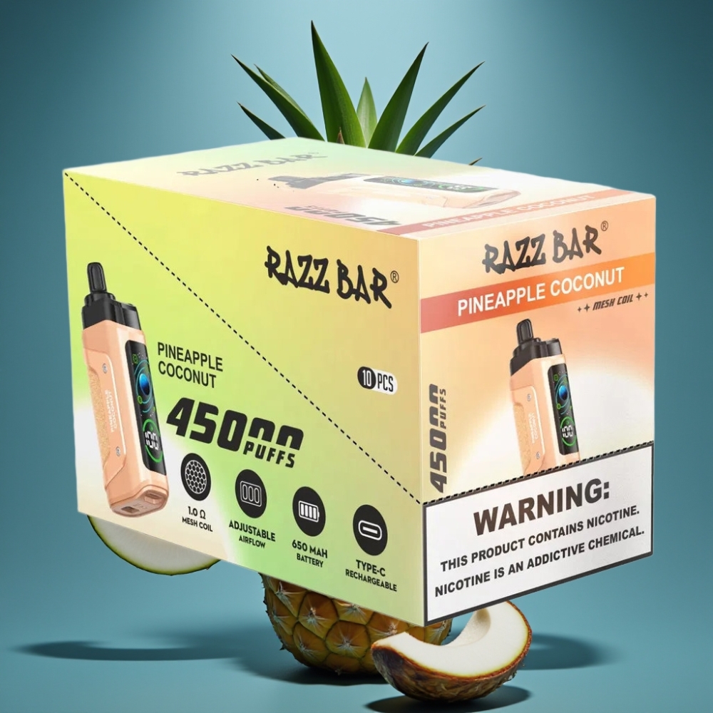 Razz Bar 45000 نفث - أناناس جوز هند، 20 ملغ/مل، شاحن نوع سي، 1.0 أوم