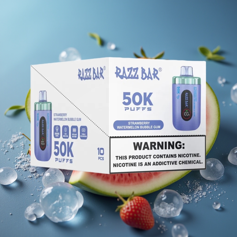 Razz Bar 50000 نَفَس - فراولة بطيخ علكة فقاعية، شاحن نوع سي، 2% نيكوتين
