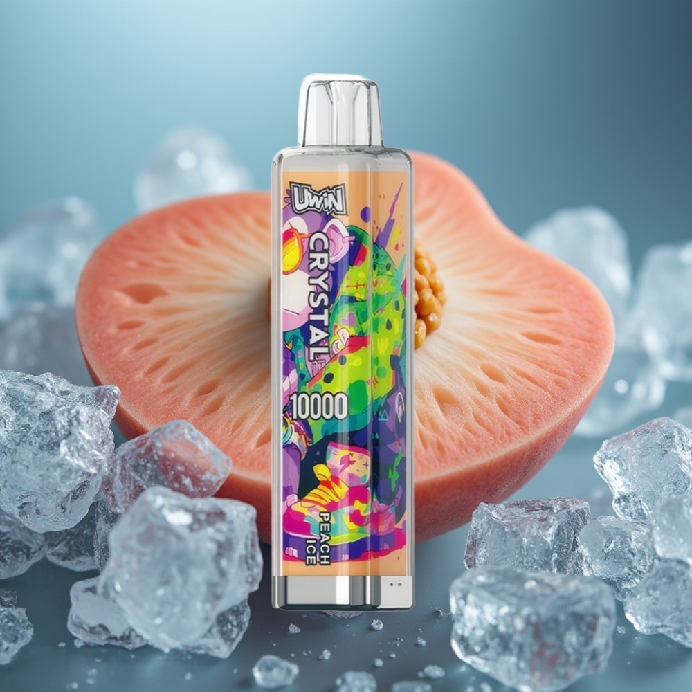 Uwin Crystal 10000 نفخة بنكهة خوخ مثلج - شحن سريع Type-C، 18 مل، أضواء RGB